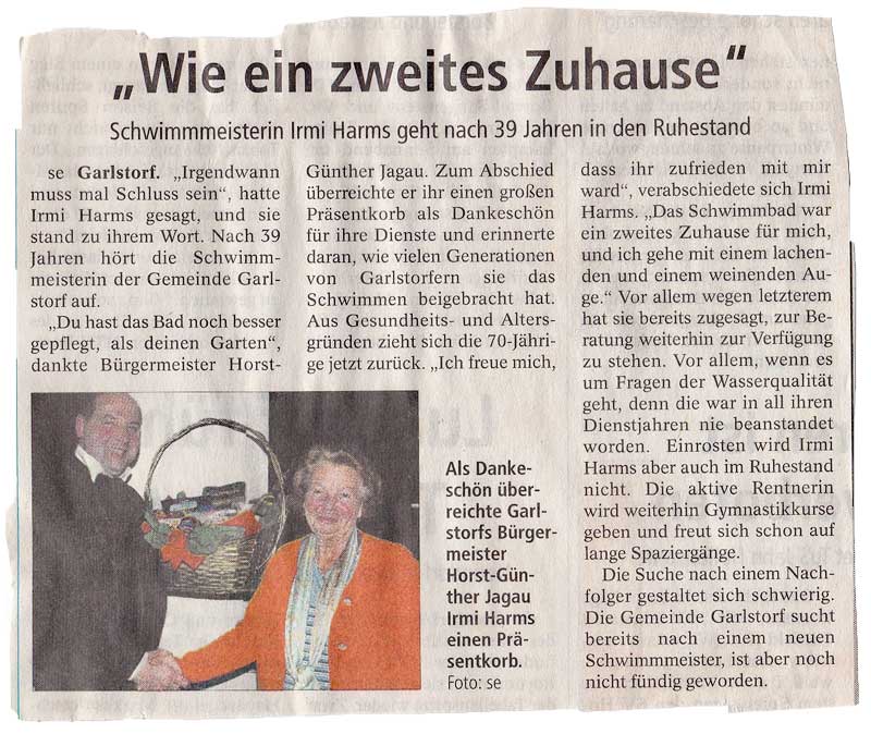 Zeitungsausschnitt 2008 - Irmi Harms geht in Ruhestand